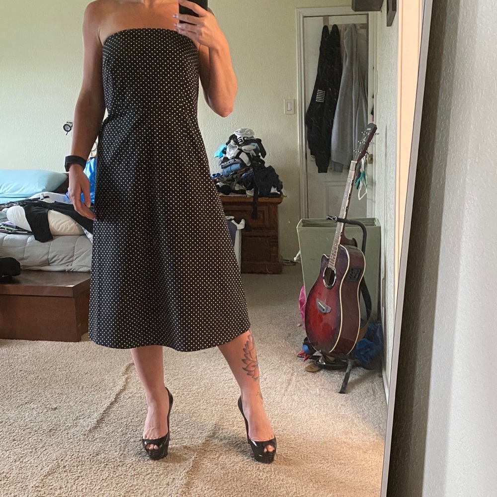 Black Strapless Midi Dress with White Polka Dots - Picture 1 of 6
